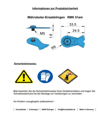 30 Stück  "RMK 51am"   Klingen für Mähroboter mit M5 Befestigungsschrauben